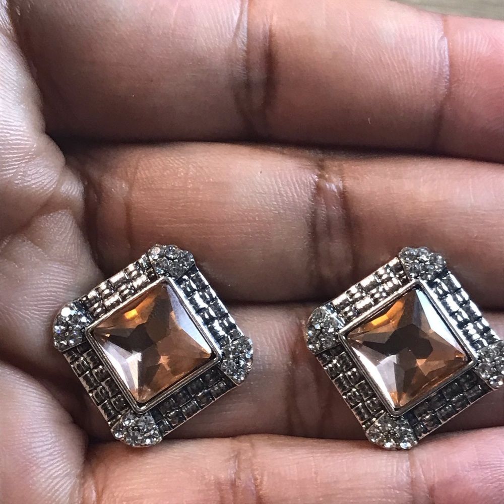 Vintage Silver Plated Gemstone Square Champagne Earrings